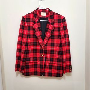 Vintage Pendleton Red Black Plaid Gold Buttons Wool Blazer Jacket Size 8.